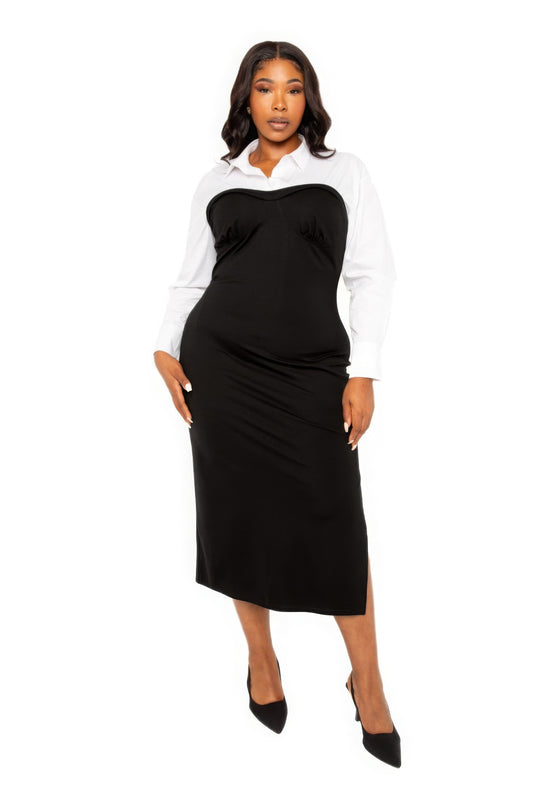 Collared Shirt Bodycon Midi Dress With Side Slit-Teresa&#39;s Fashionista LLC