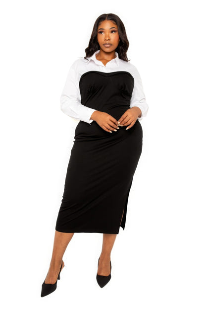 Collared Shirt Bodycon Midi Dress With Side Slit-Teresa&#39;s Fashionista LLC