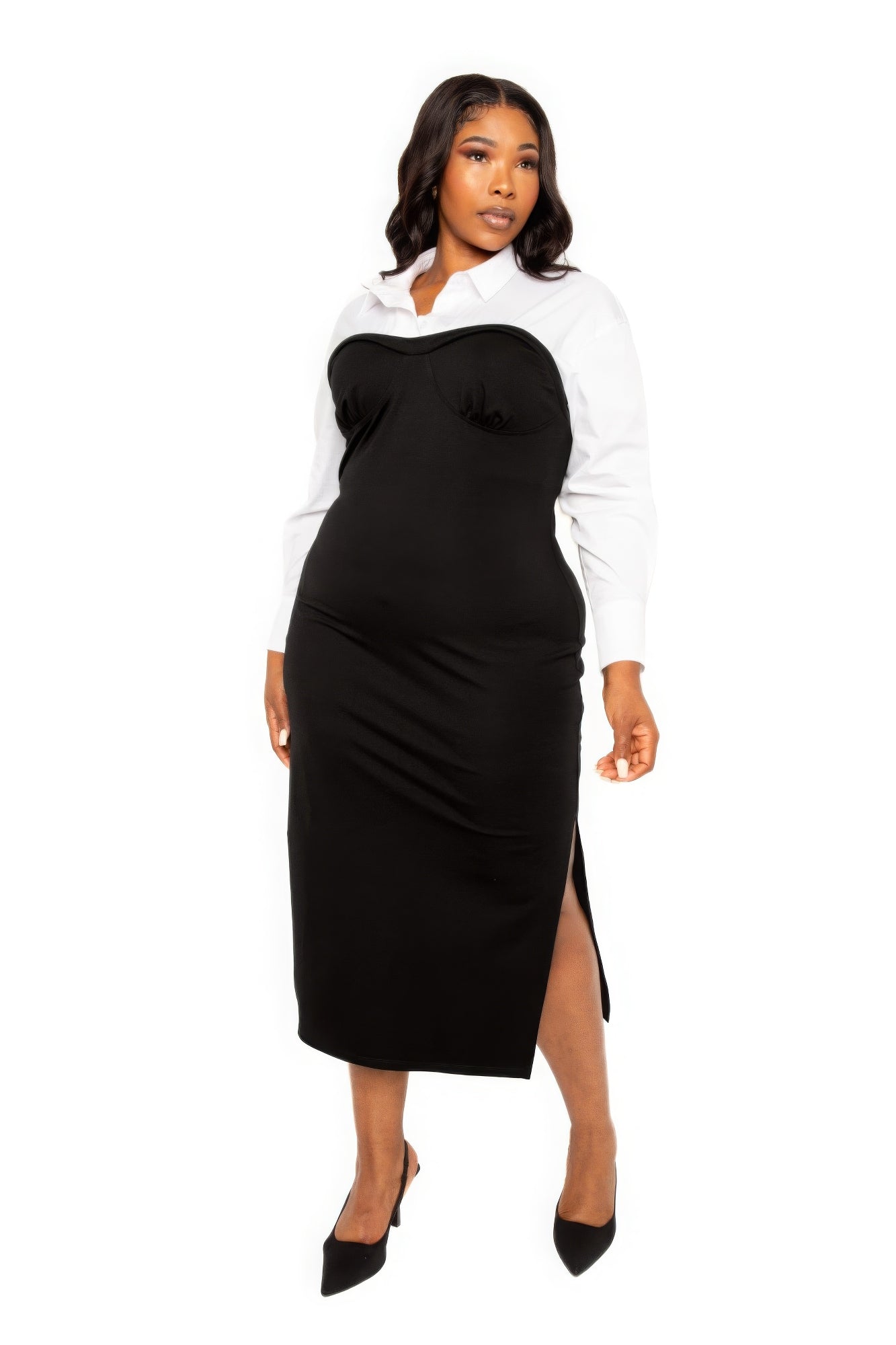 Collared Shirt Bodycon Midi Dress With Side Slit-Teresa&#39;s Fashionista LLC