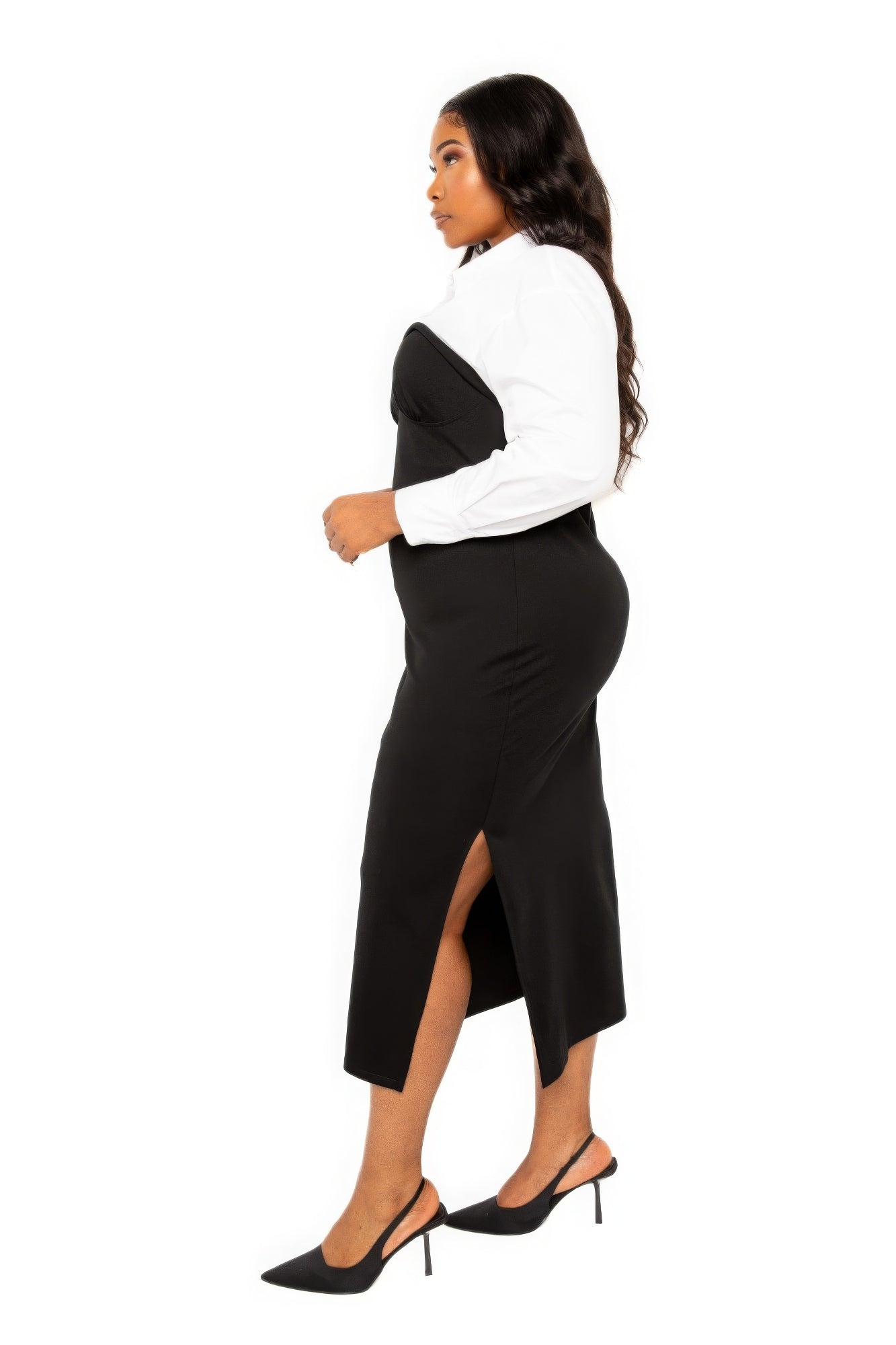 Collared Shirt Bodycon Midi Dress With Side Slit-Teresa&#39;s Fashionista LLC