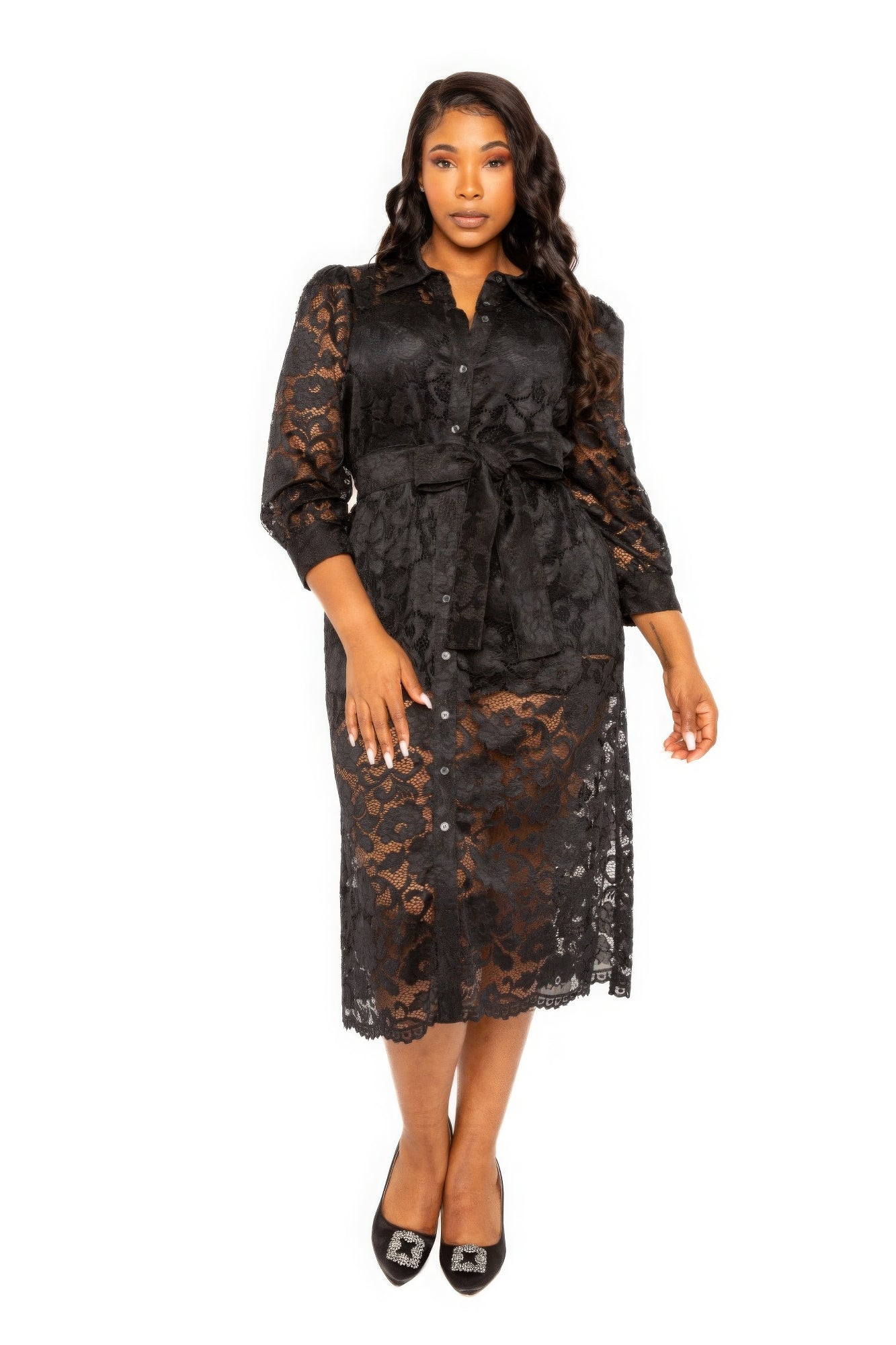 Belted Lace Shirt Dress-Teresa&#39;s Fashionista LLC