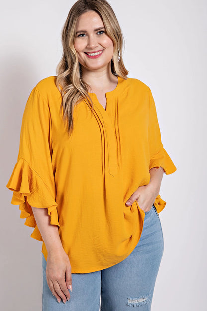 Ruffled Bell Sleeve And Front Pleated Detail Top-Teresa&#39;s Fashionista LLC