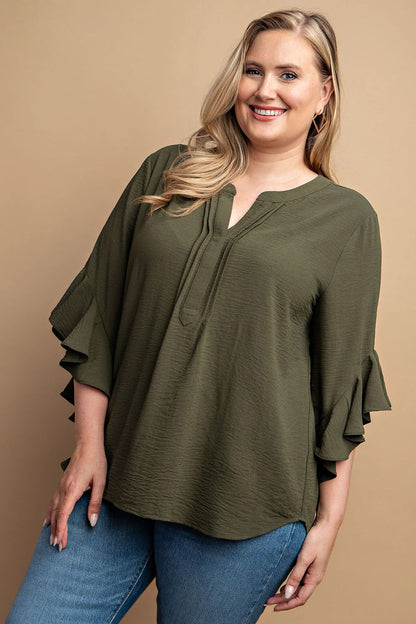 Ruffled Bell Sleeve And Front Pleated Detail Top-Teresa&#39;s Fashionista LLC