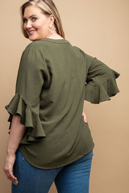 Ruffled Bell Sleeve And Front Pleated Detail Top-Teresa&#39;s Fashionista LLC