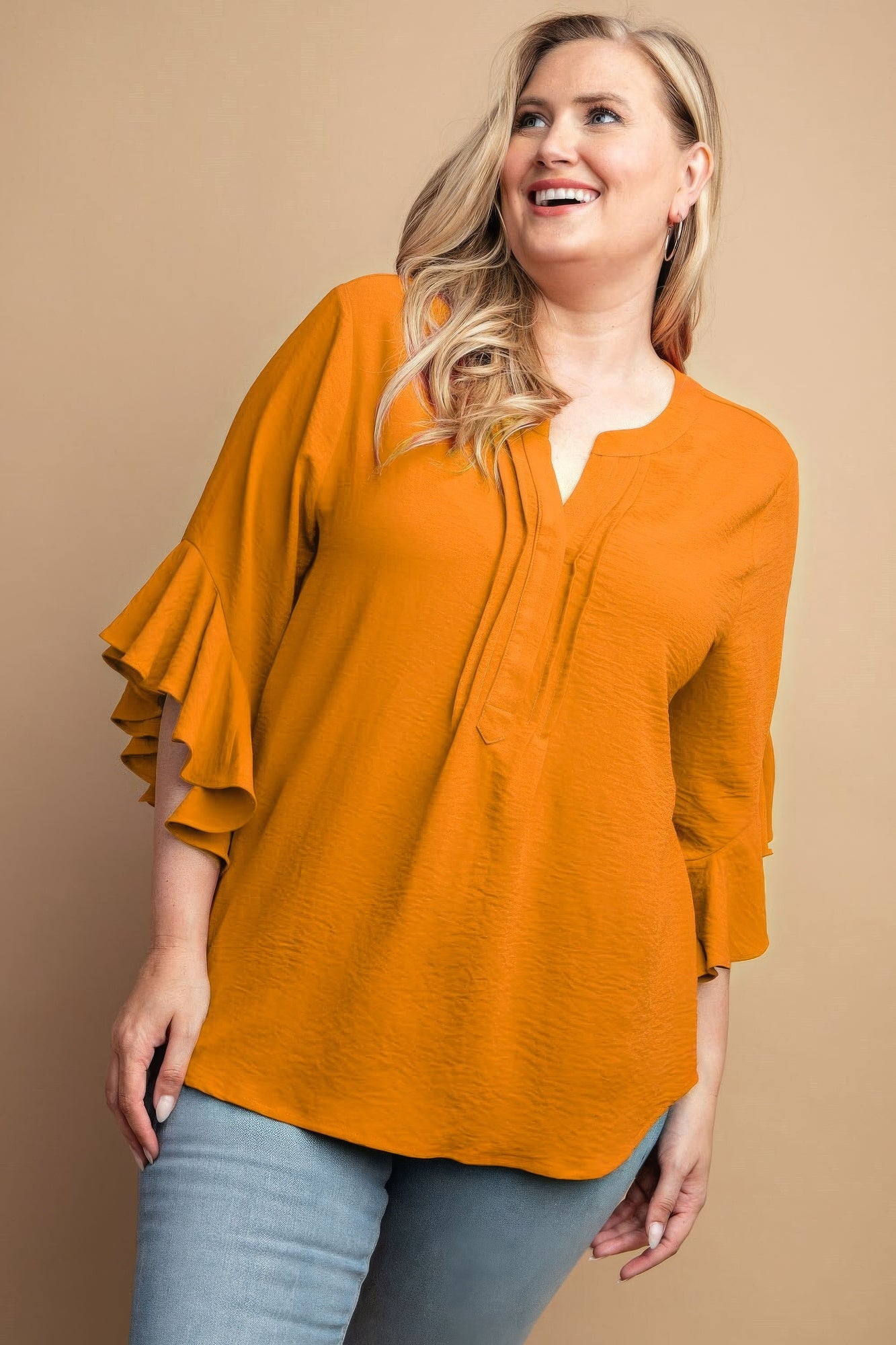 Ruffled Bell Sleeve And Front Pleated Detail Top-Teresa&#39;s Fashionista LLC