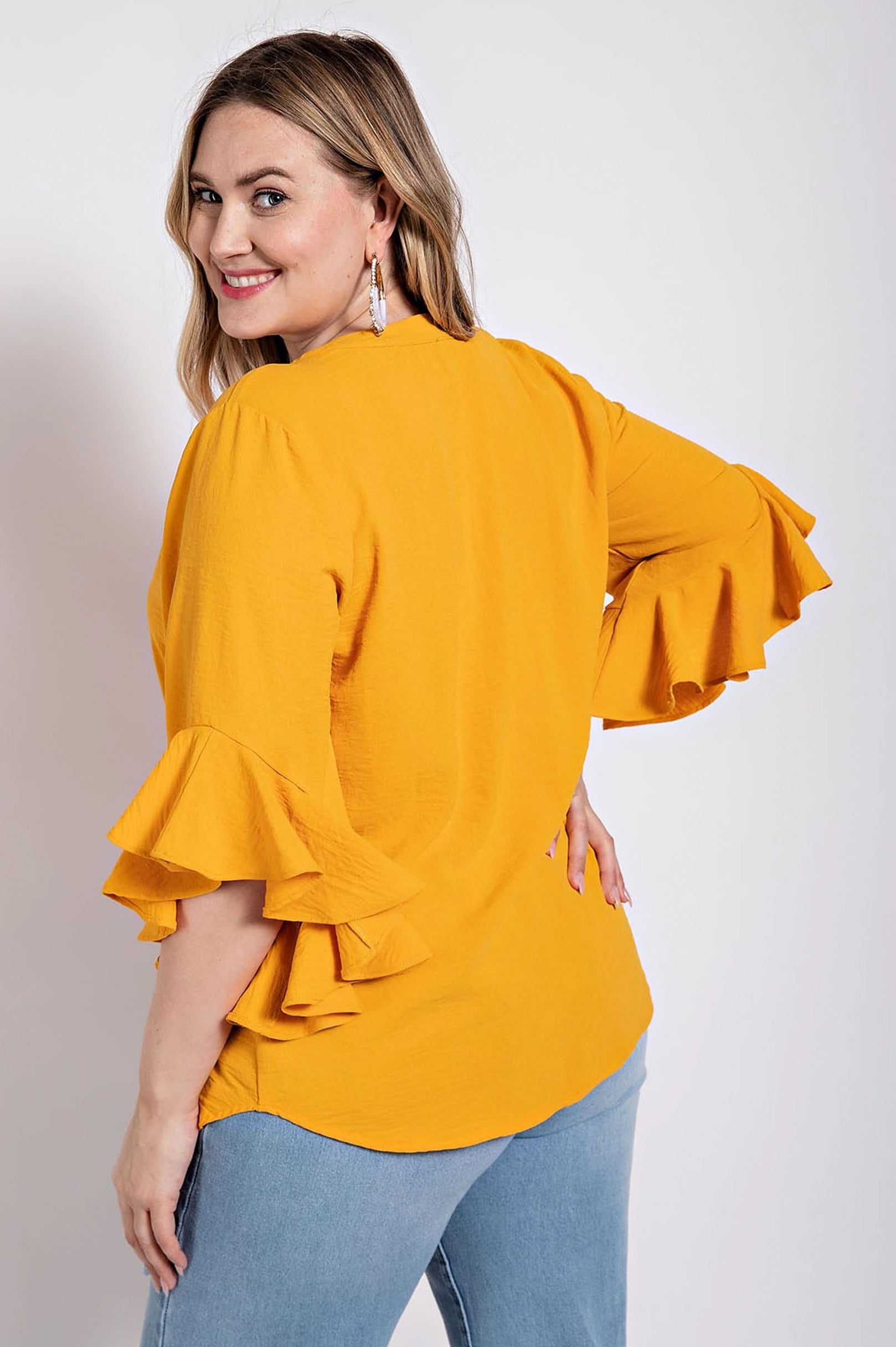 Ruffled Bell Sleeve And Front Pleated Detail Top-Teresa&#39;s Fashionista LLC