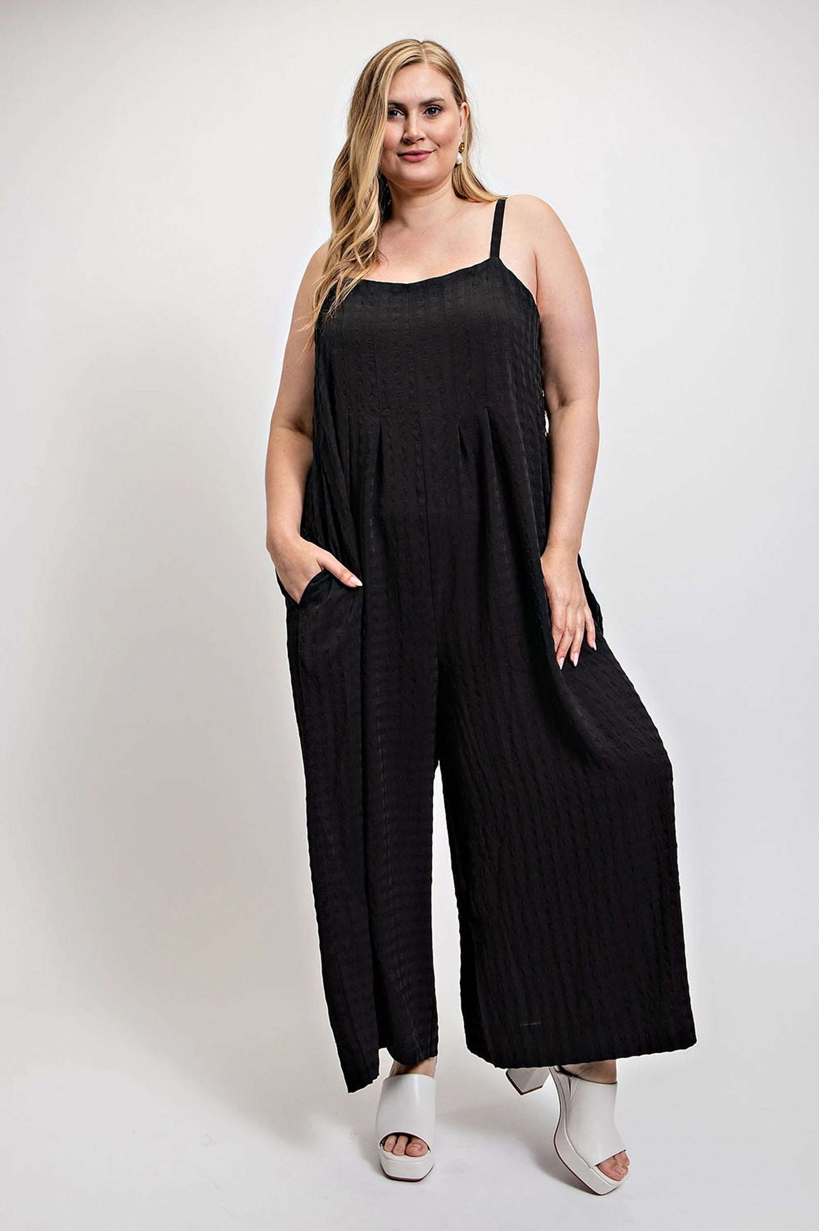 Texture Woven Sleeveless Jumpsuit With Side Button-Teresa&#39;s Fashionista LLC