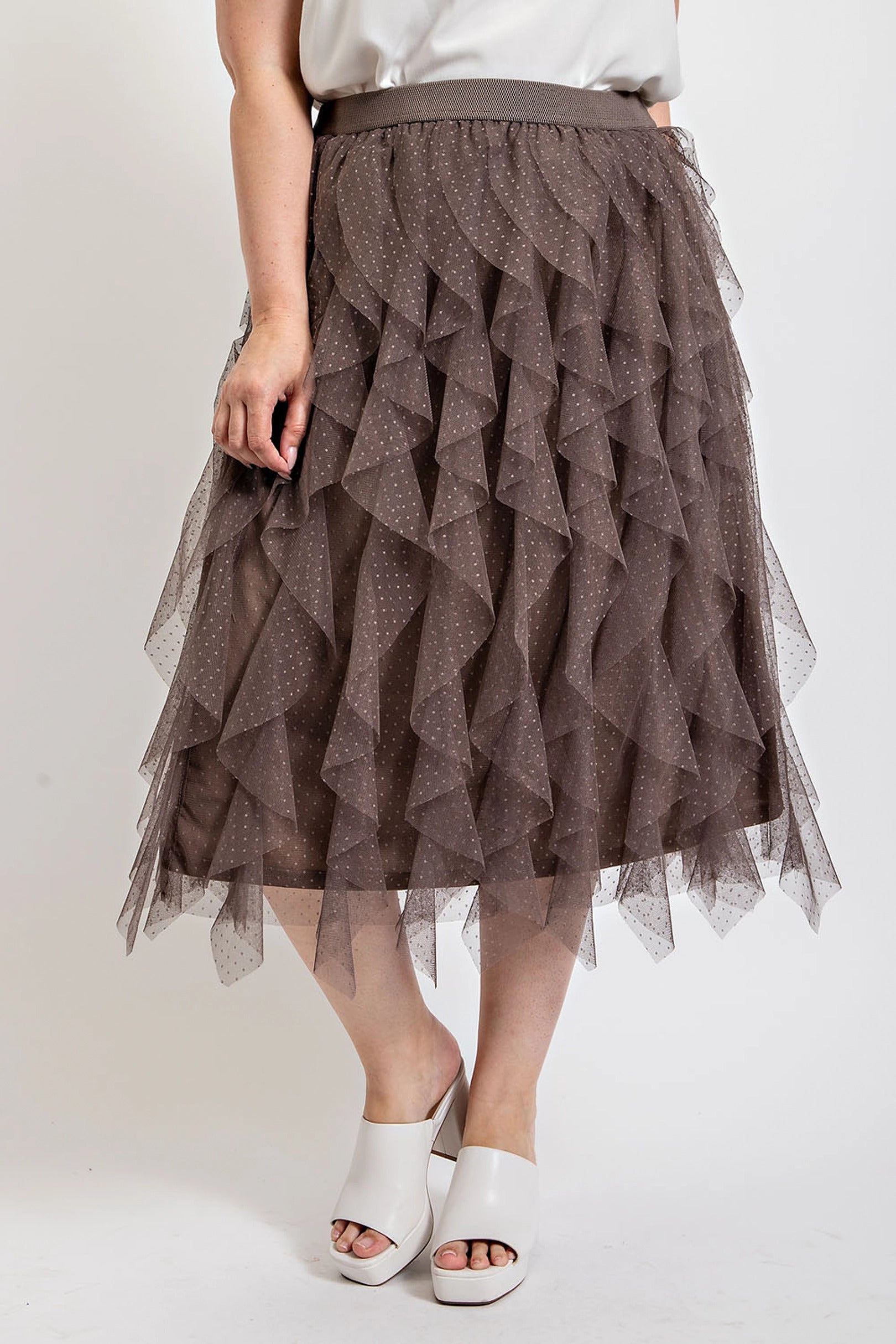 Ruffled Tulle Midi Skirt With Elastic Waist Band-Teresa&#39;s Fashionista LLC