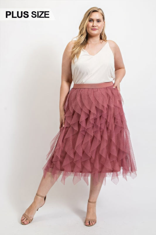 Ruffled Tulle Midi Skirt With Elastic Waist Band-Teresa&#39;s Fashionista LLC