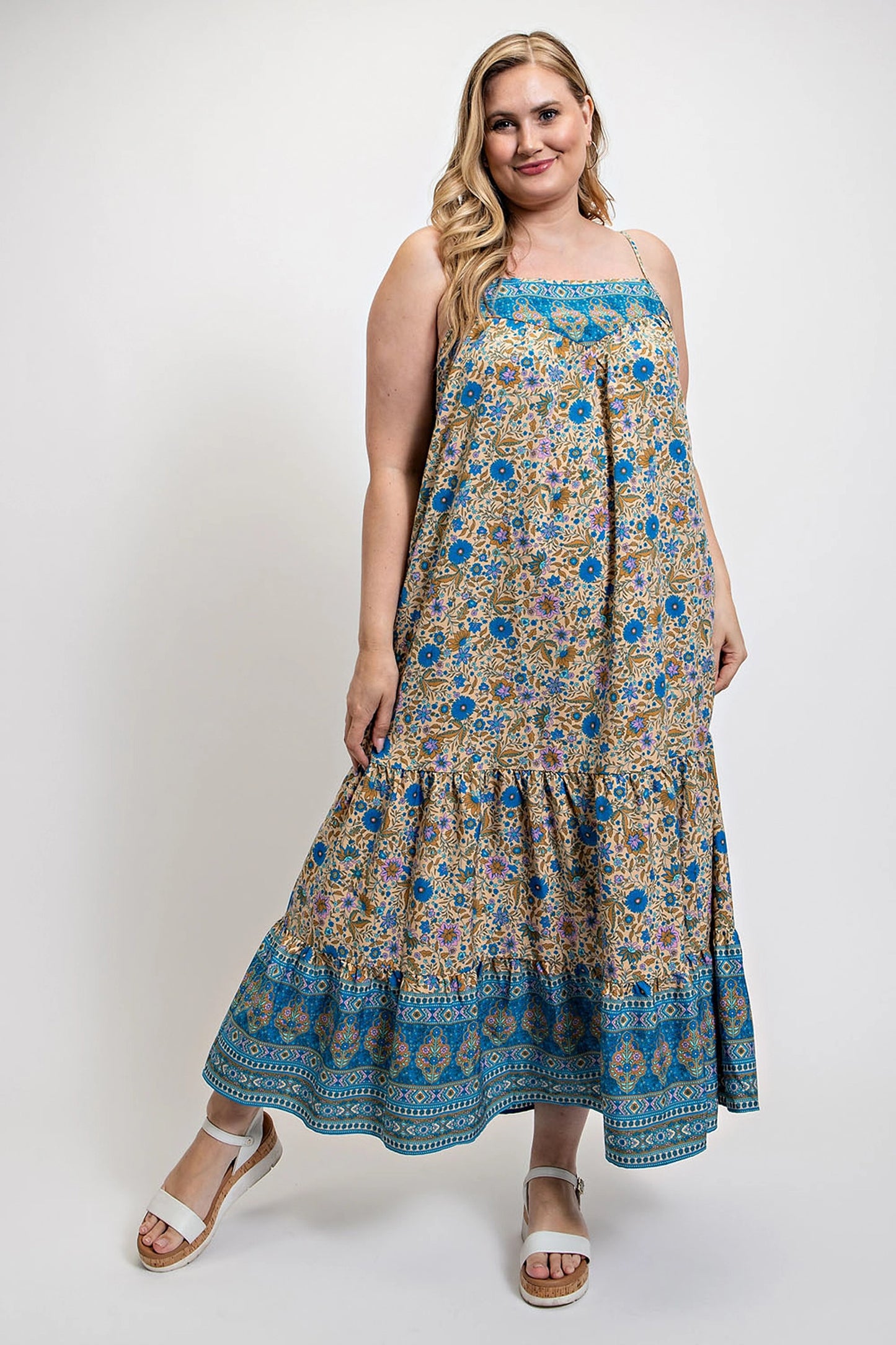 Floral And Aztec Print Drop Down Maxi Dress With Spaghetti Strap-Teresa&#39;s Fashionista LLC