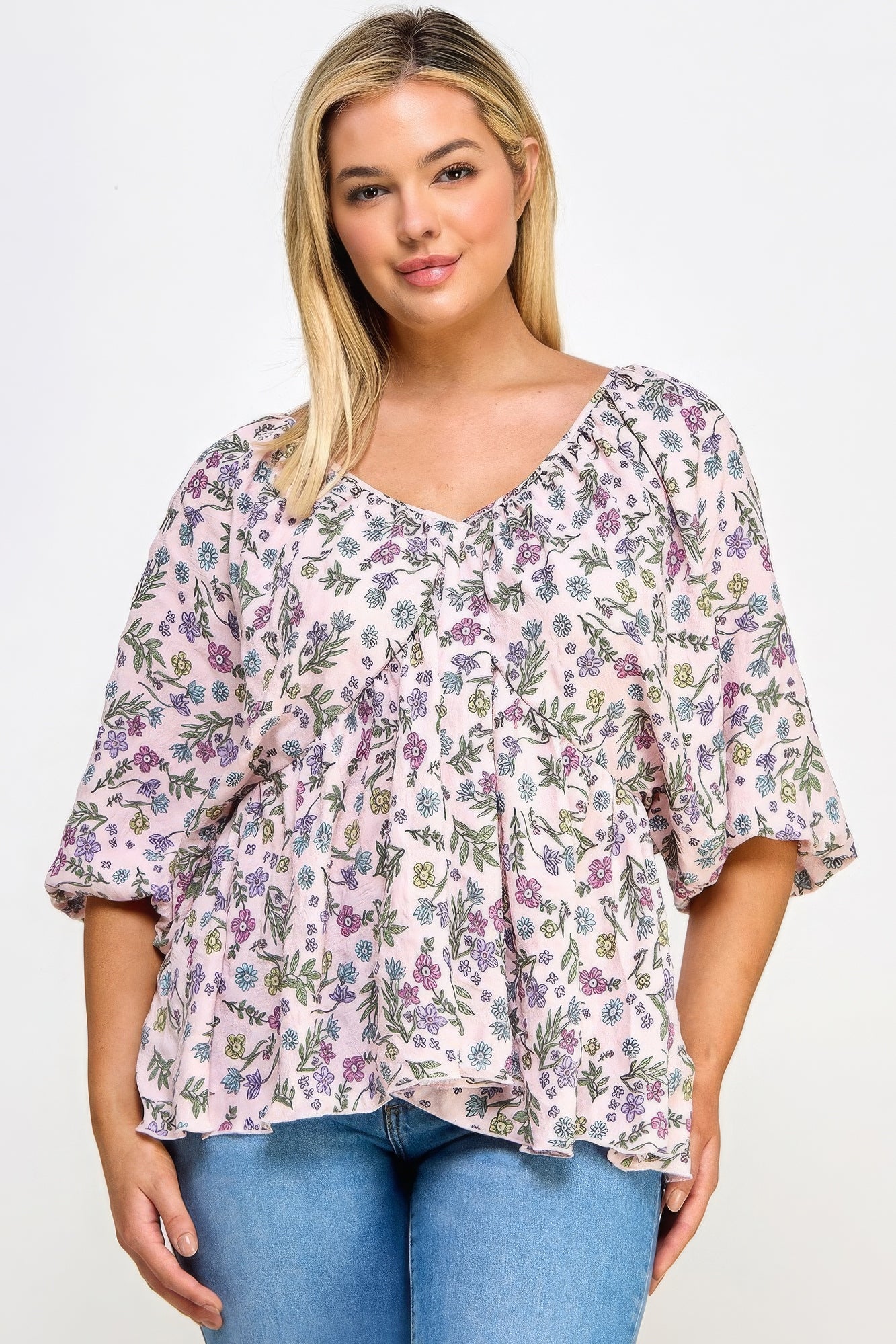 Floral V-neck Babydoll Balloon Slv Top-Teresa&#39;s Fashionista LLC