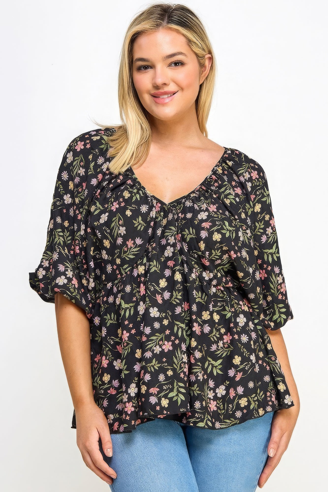 Floral V-neck Babydoll Balloon Slv Top-Teresa&#39;s Fashionista LLC