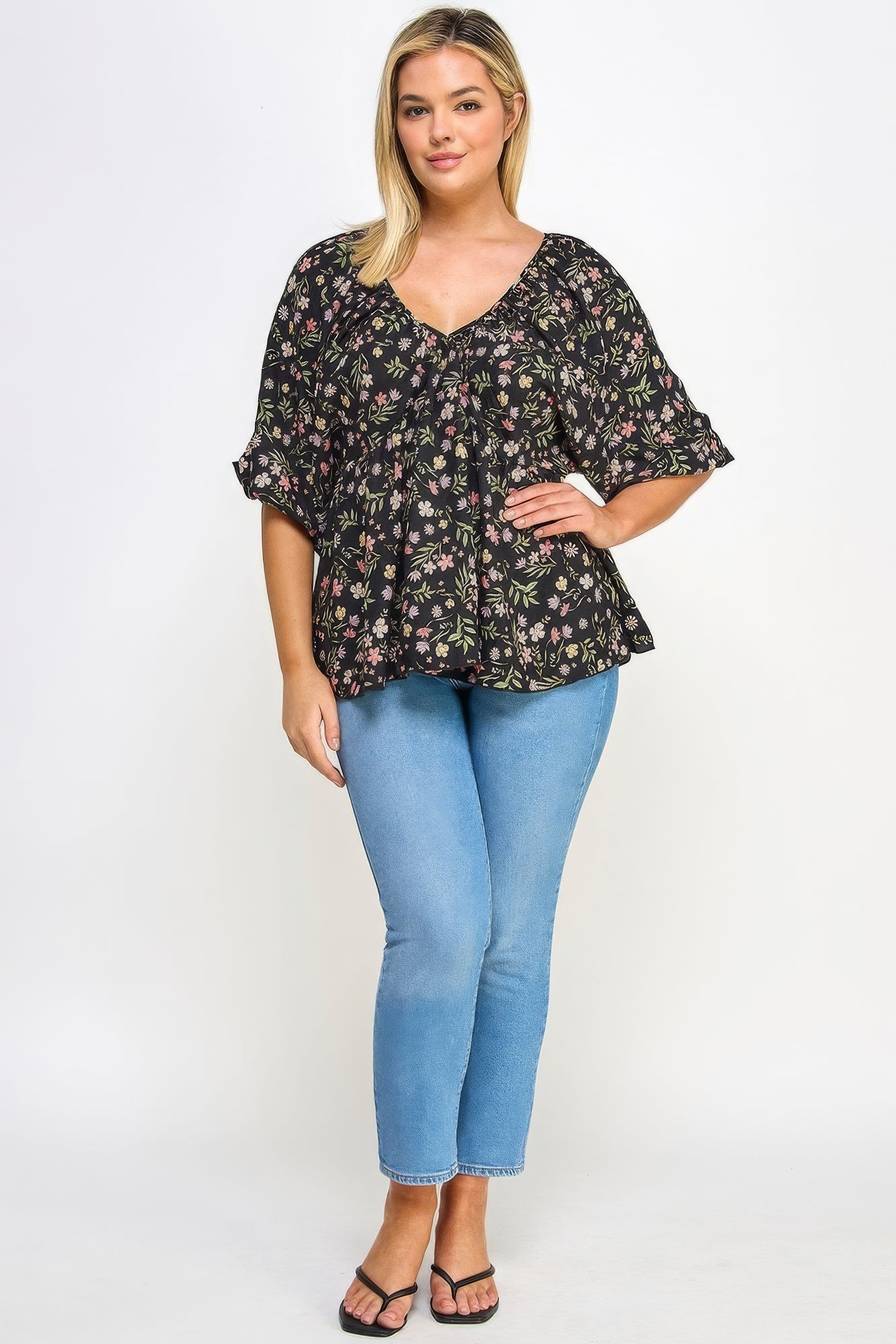 Floral V-neck Babydoll Balloon Slv Top-Teresa&#39;s Fashionista LLC