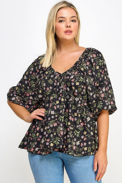 Floral V-neck Babydoll Balloon Slv Top-Teresa&#39;s Fashionista LLC