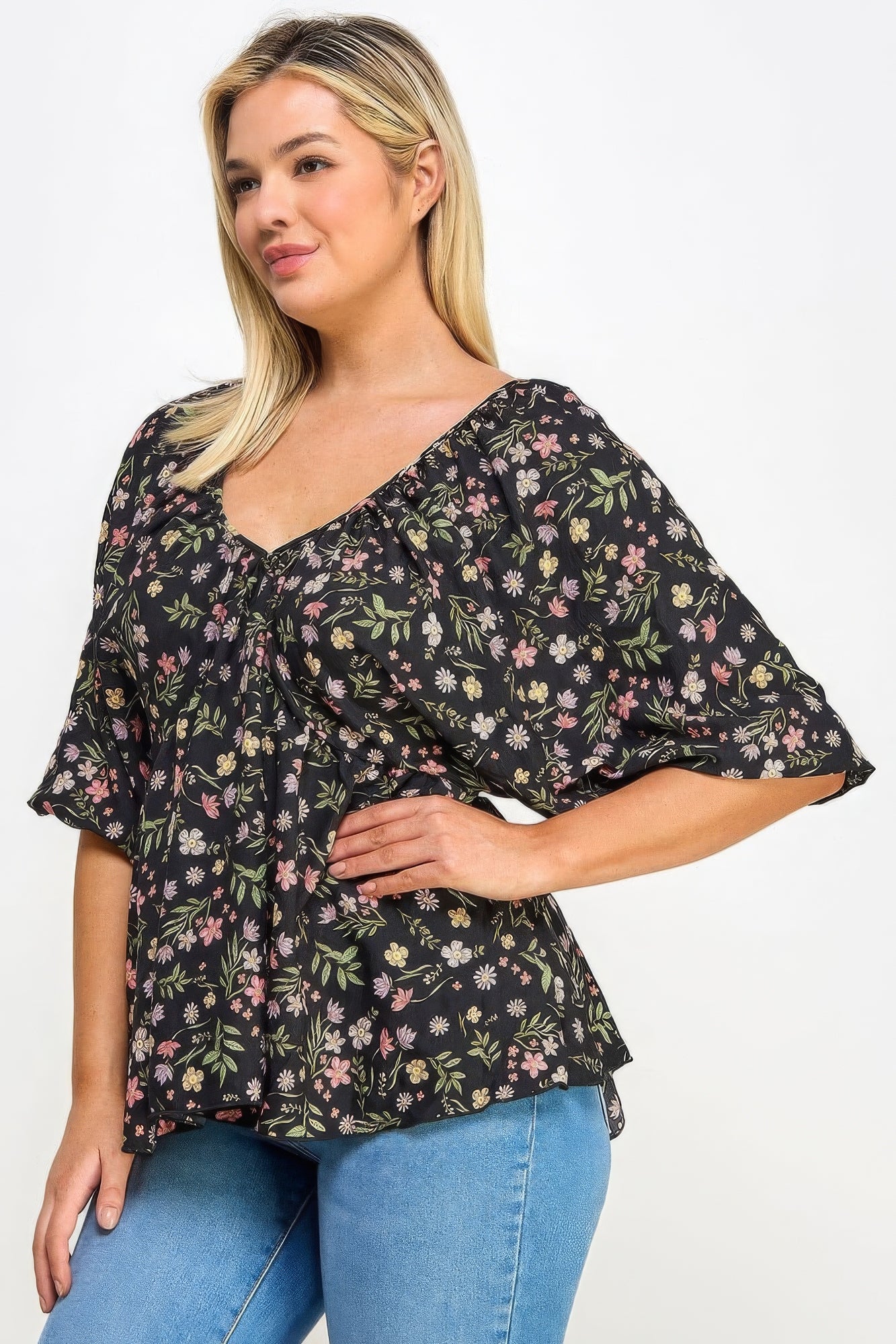 Floral V-neck Babydoll Balloon Slv Top-Teresa&#39;s Fashionista LLC