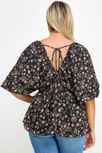 Floral V-neck Babydoll Balloon Slv Top-Teresa&#39;s Fashionista LLC