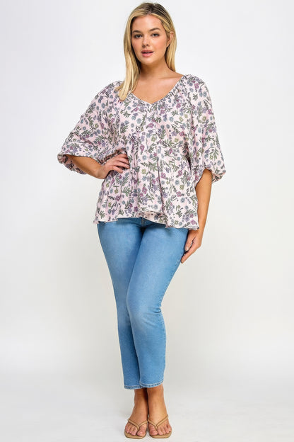 Floral V-neck Babydoll Balloon Slv Top-Teresa&#39;s Fashionista LLC