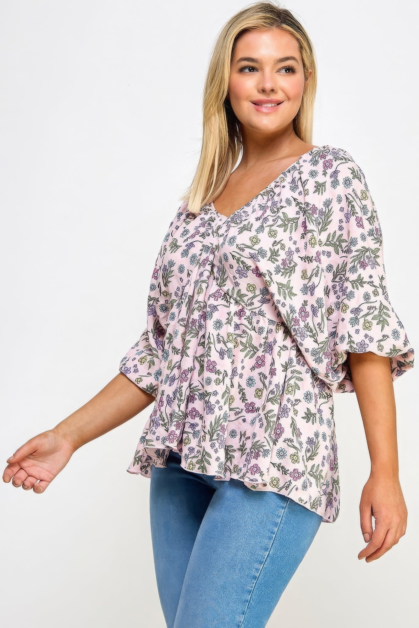 Floral V-neck Babydoll Balloon Slv Top-Teresa&#39;s Fashionista LLC