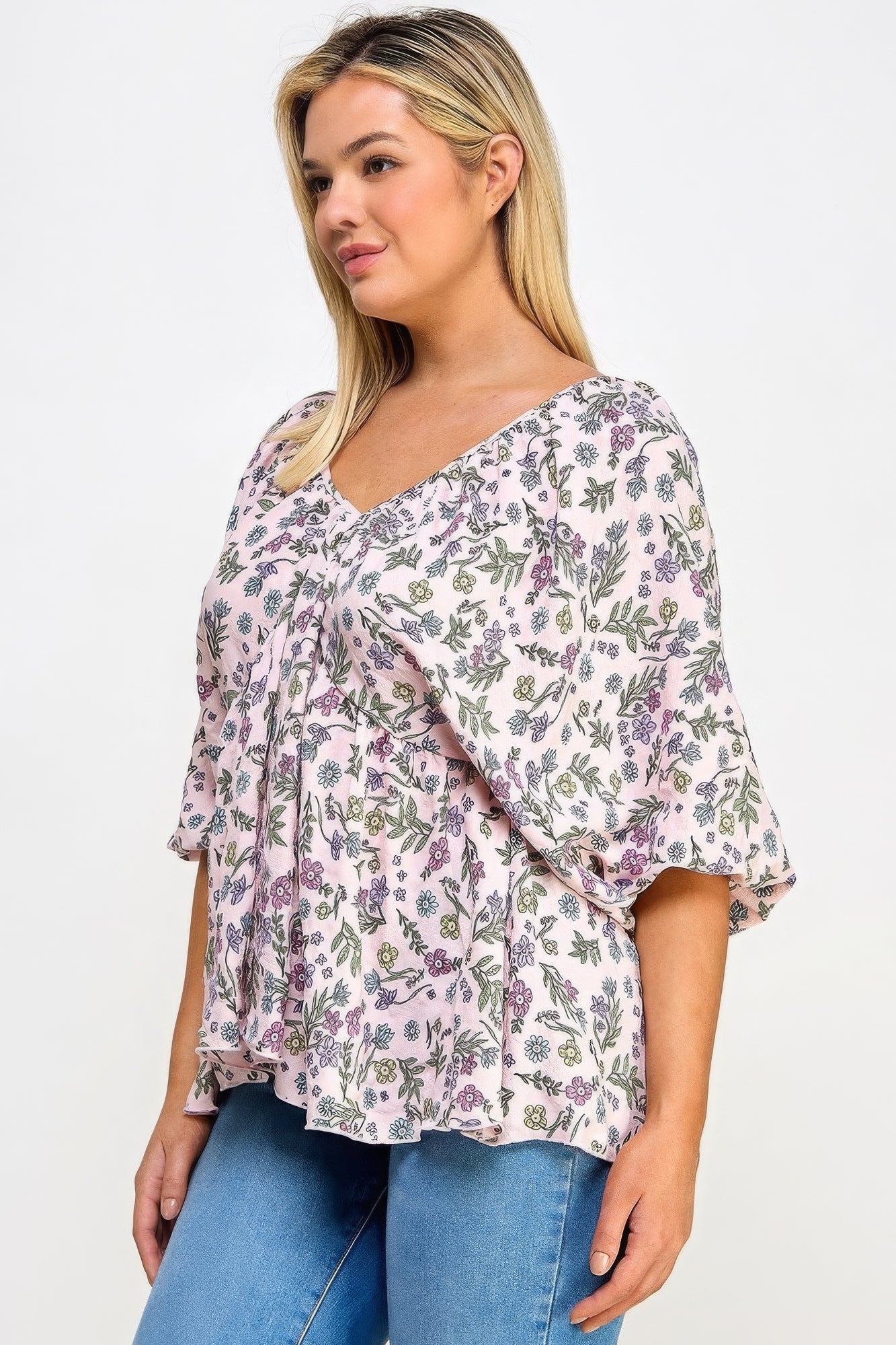 Floral V-neck Babydoll Balloon Slv Top-Teresa&#39;s Fashionista LLC