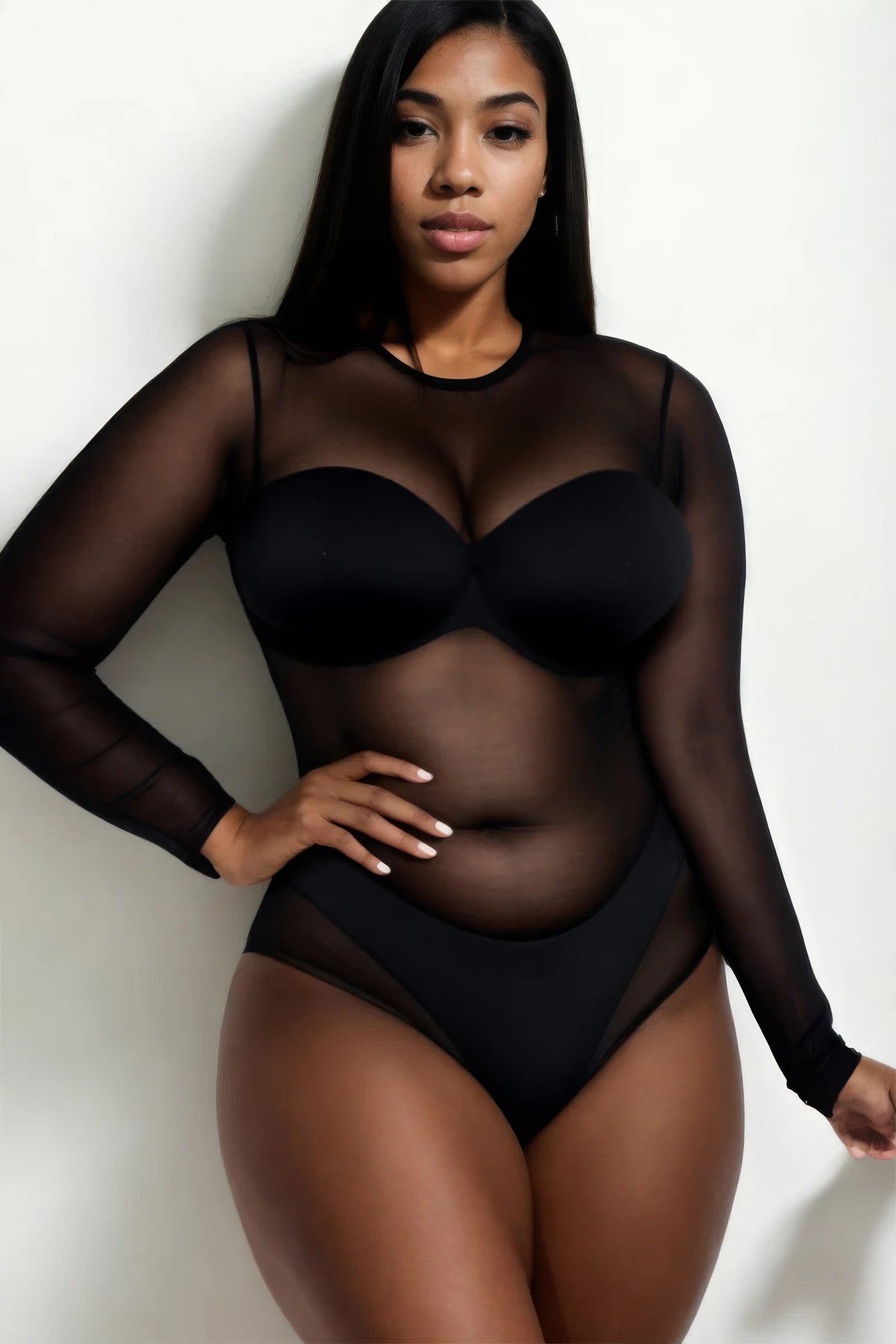 Plus Size Sexy Sheer Mesh Long Sleeve Bodysuit-Teresa&#39;s Fashionista LLC