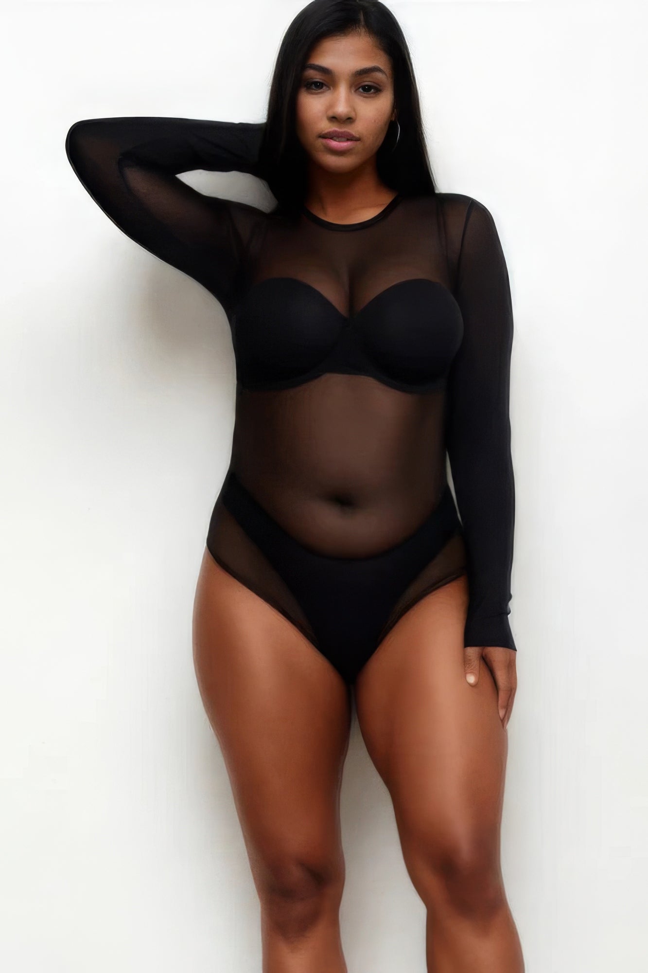 Plus Size Sexy Sheer Mesh Long Sleeve Bodysuit-Teresa&#39;s Fashionista LLC