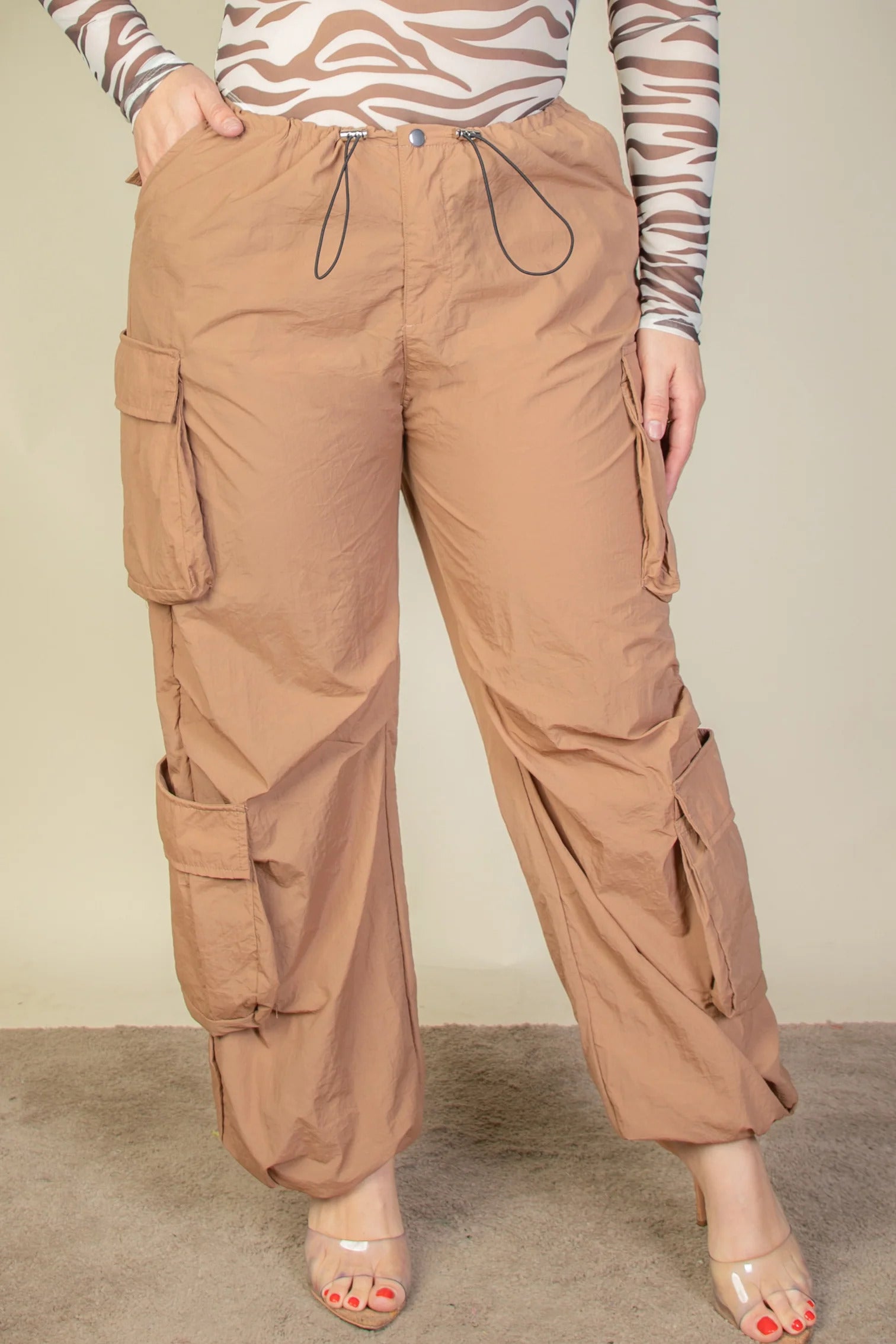 Plus Size Flap Pockets Drawstring Ruched Parachute Pants-Teresa&#39;s Fashionista LLC