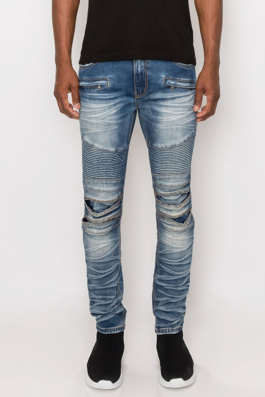 Men Creased Biker Denim Jeans-Teresa&#39;s Fashionista LLC