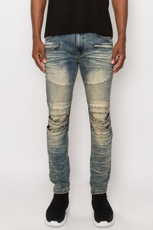 Men Creased Biker Denim Jeans-Teresa&#39;s Fashionista LLC