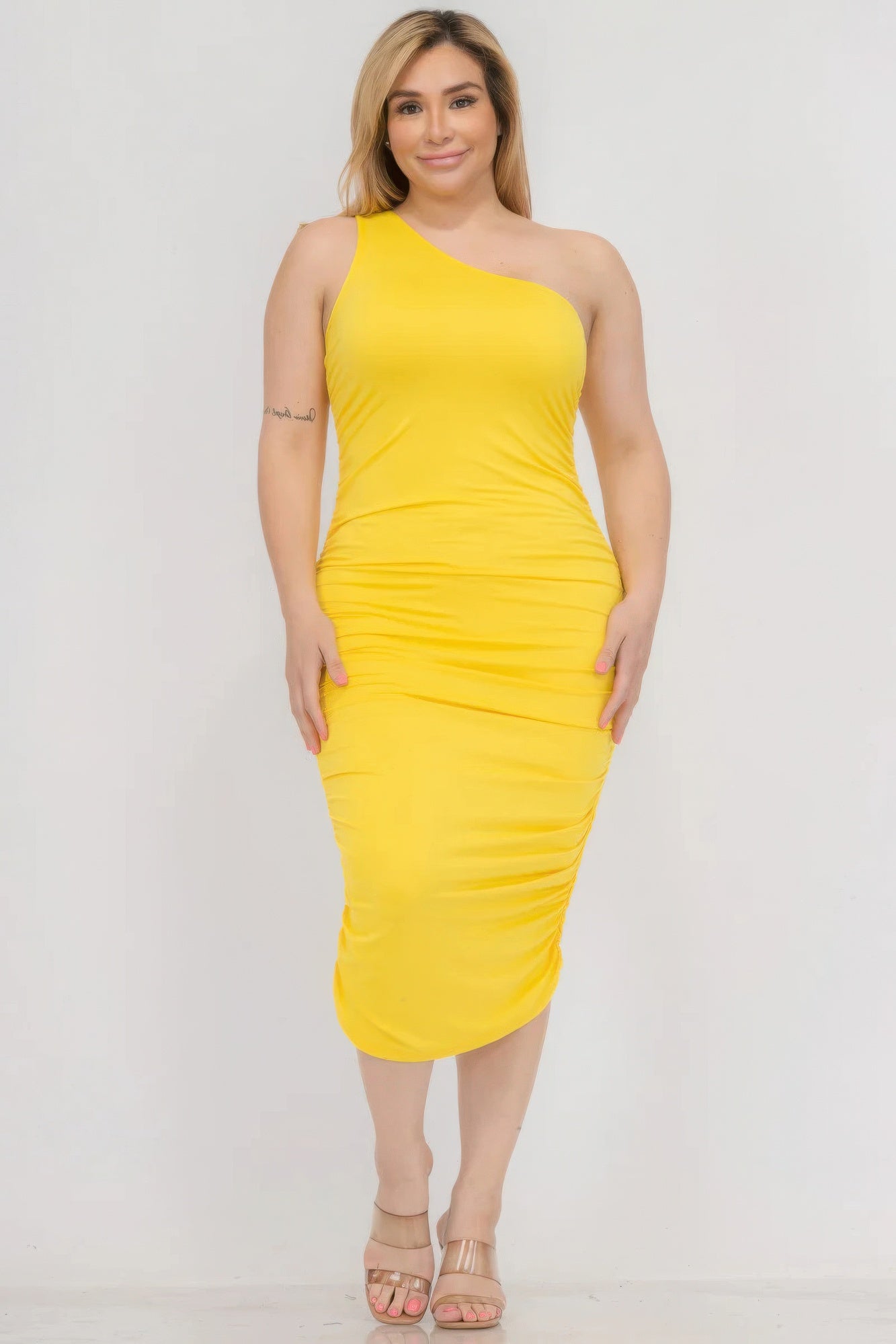 Plus Size Sexy Solid Color Ruched One Shoulder Midi Bodycon Dress-Teresa&#39;s Fashionista LLC