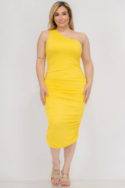 Plus Size Sexy Solid Color Ruched One Shoulder Midi Bodycon Dress-Teresa&#39;s Fashionista LLC