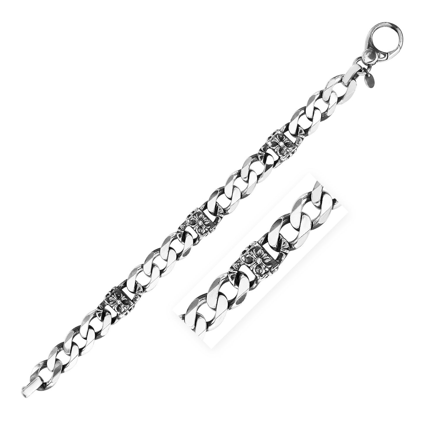 Sterling Silver Gunmetal Finish Cuban Link Bracelet with Floral Design (11.50 mm)-Teresa&#39;s Fashionista LLC