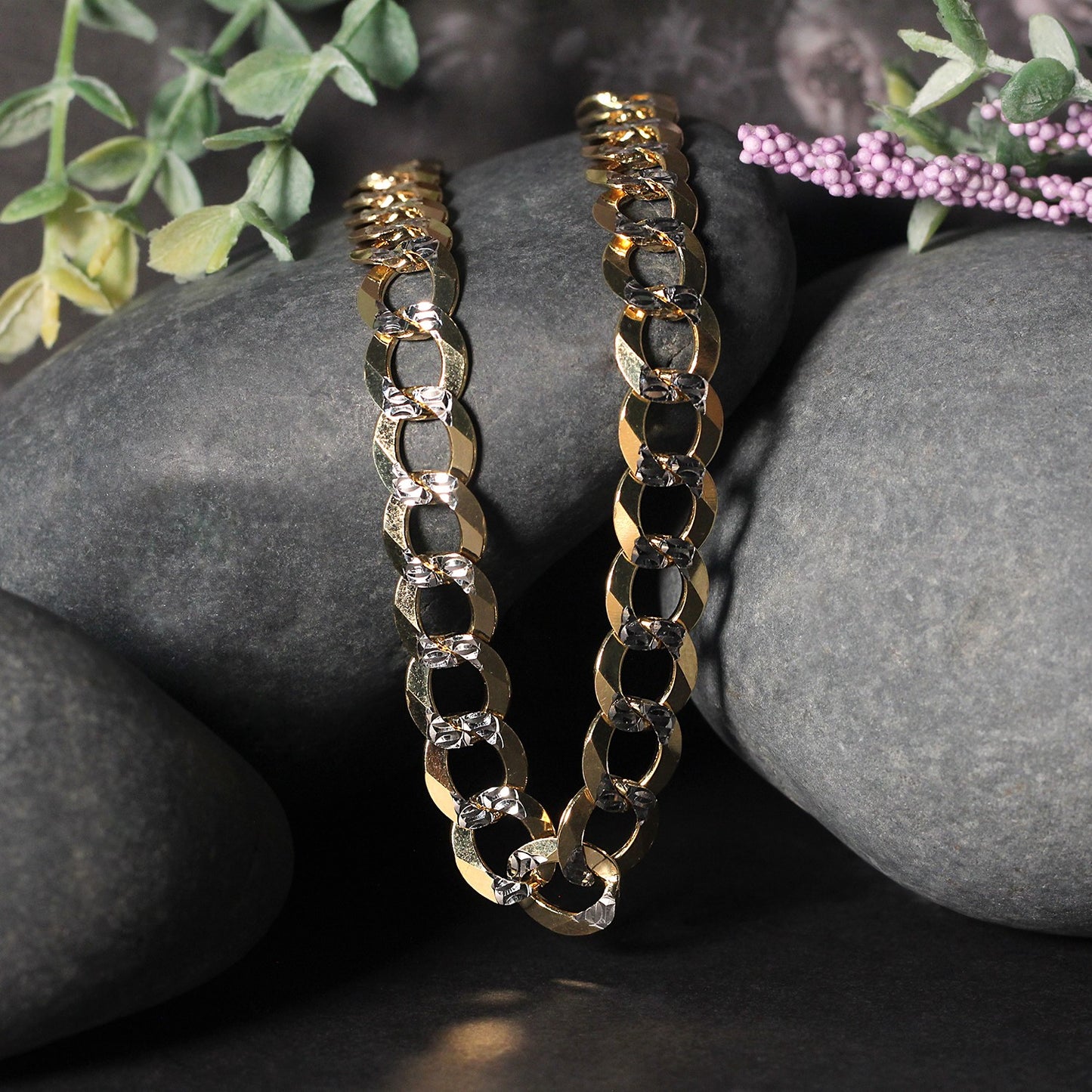 10 mm 14k Two Tone Gold Pave Curb Chain (9.70 mm)-Teresa&#39;s Fashionista LLC