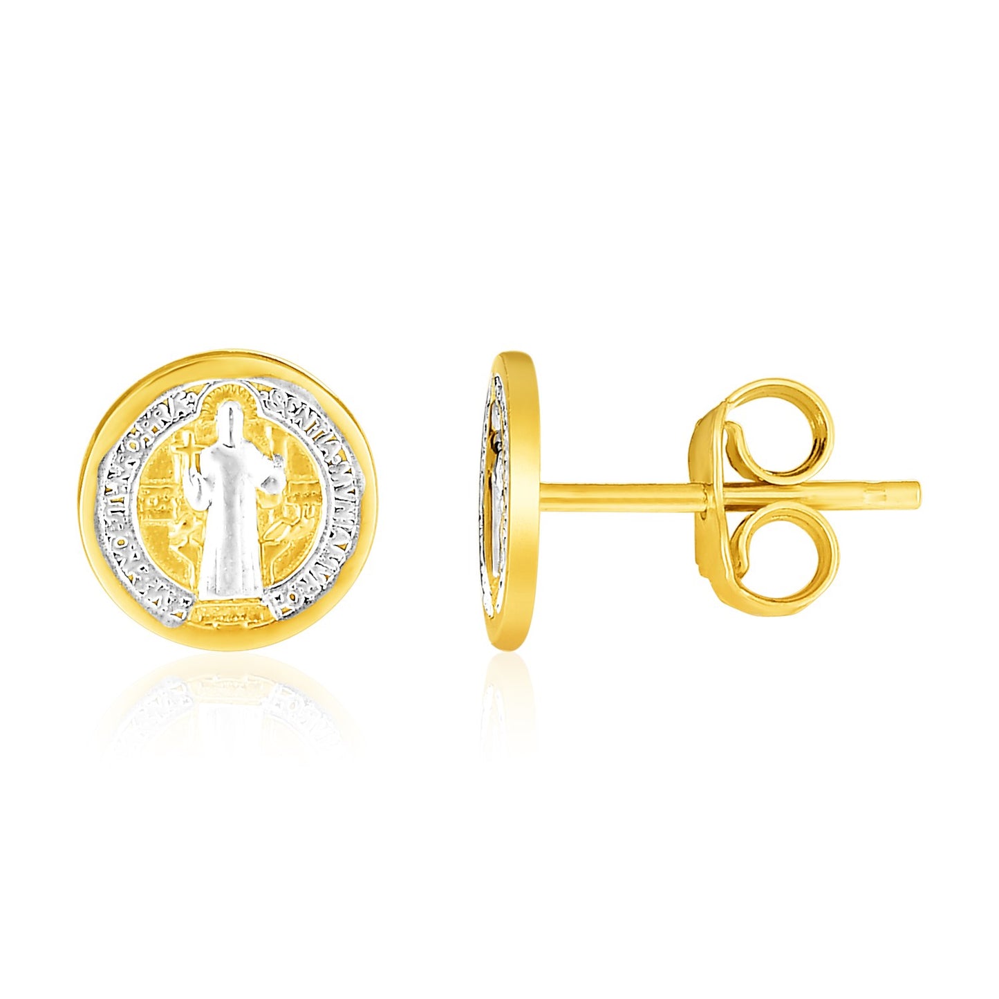 14k Two Tone Gold Round Religious Medallion Post Earrings(8mm)-Teresa&#39;s Fashionista LLC