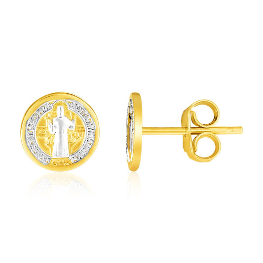 14k Two Tone Gold Round Religious Medallion Post Earrings(8mm)-Teresa&#39;s Fashionista LLC