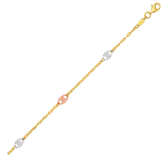 14k Three-Toned Yellow, White, and Rose Gold Anklet with Textured Ovals-Teresa&#39;s Fashionista LLC