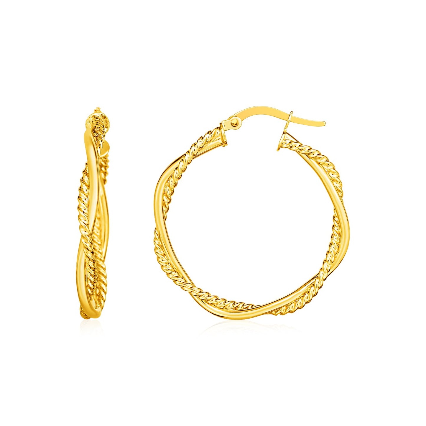 14k Yellow Gold Two Part Textured Twisted Round Hoop Earrings(3x25mm)-Teresa&#39;s Fashionista LLC