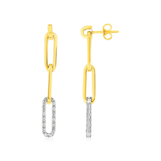 14k Yellow Gold Paperclip Chain Dangle Earrings with Diamonds-Teresa&#39;s Fashionista LLC