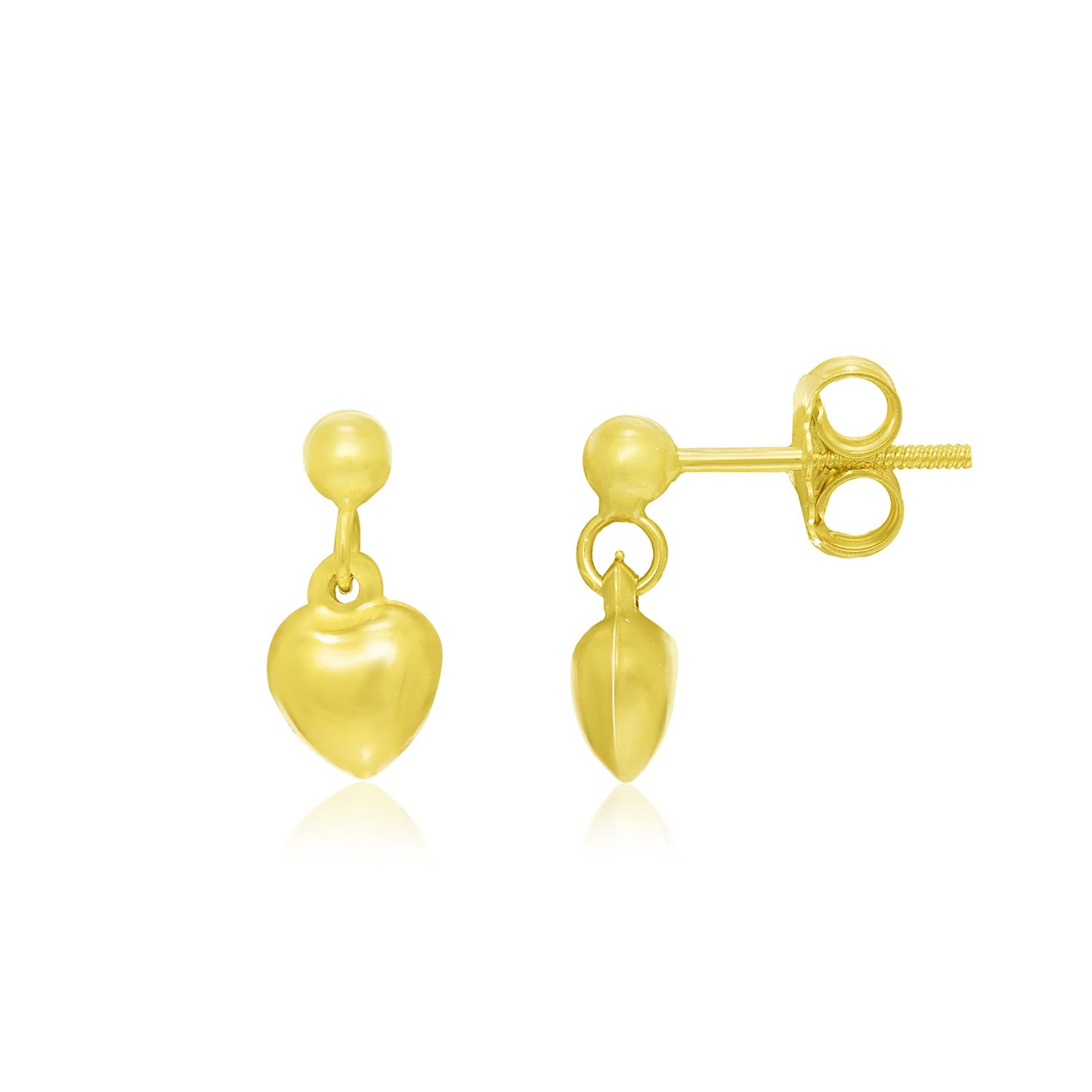 14k Yellow Gold Puffed Heart childrens Dangling Earrings-Teresa&#39;s Fashionista LLC