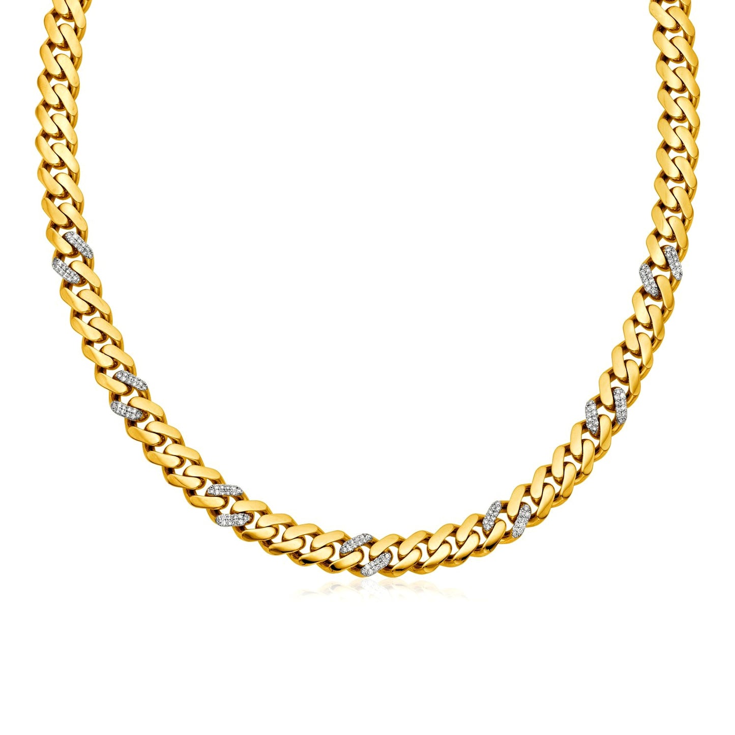 14k Yellow Gold 18 inch Polished Curb Chain Necklace with Diamonds-Teresa&#39;s Fashionista LLC