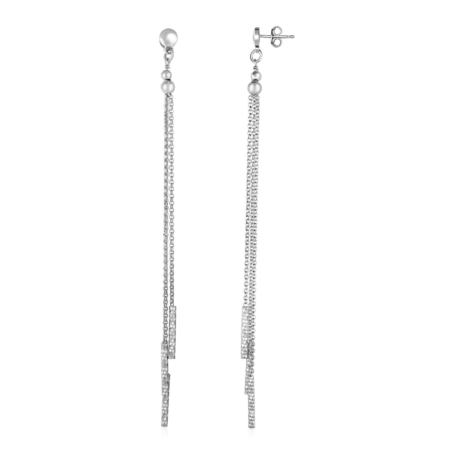 Long Chain Tassel and Textured Bar Drop Earrings in Sterling Silver-Teresa&#39;s Fashionista LLC