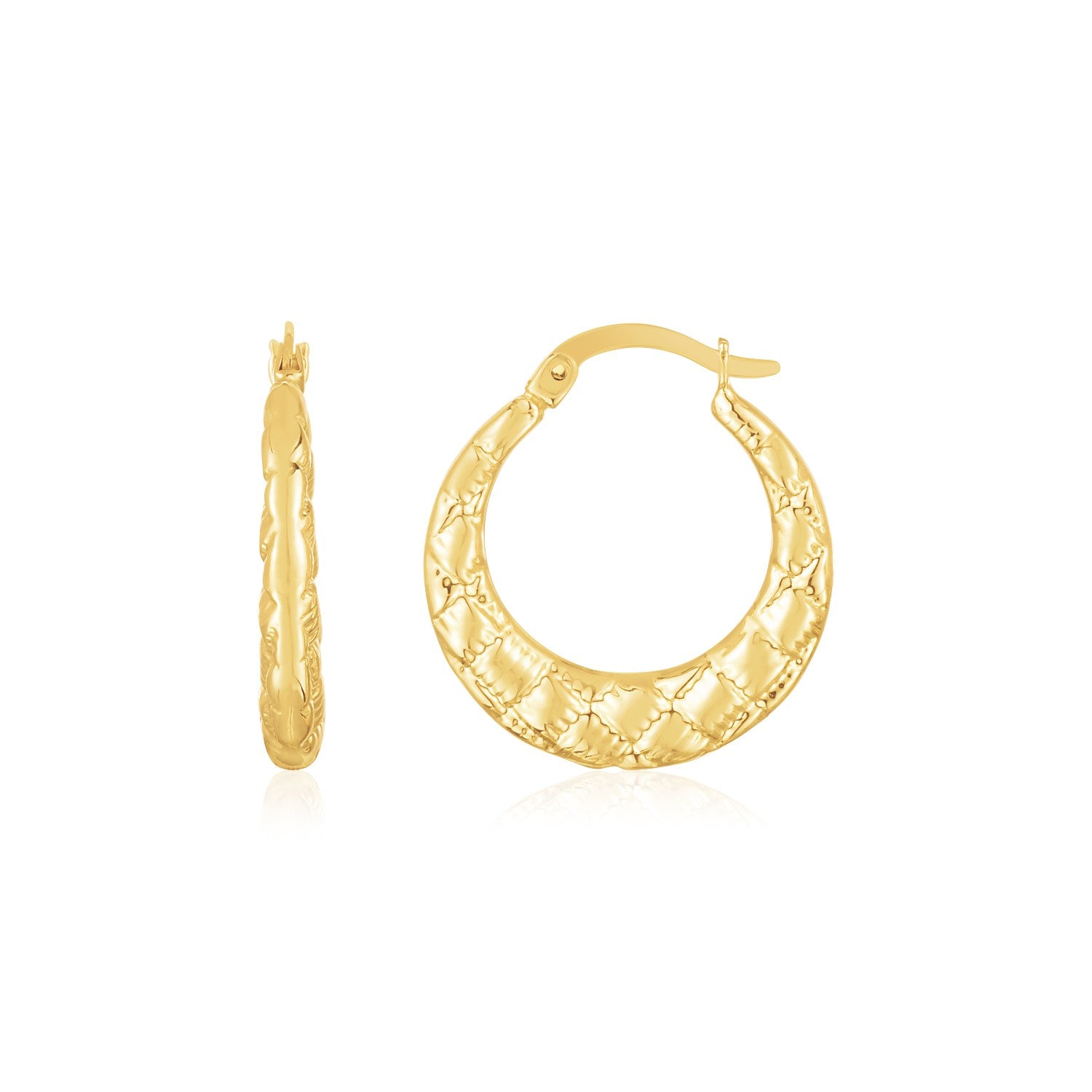 14K Yellow Gold Puffed Checkerboard Hoops-Teresa&#39;s Fashionista LLC