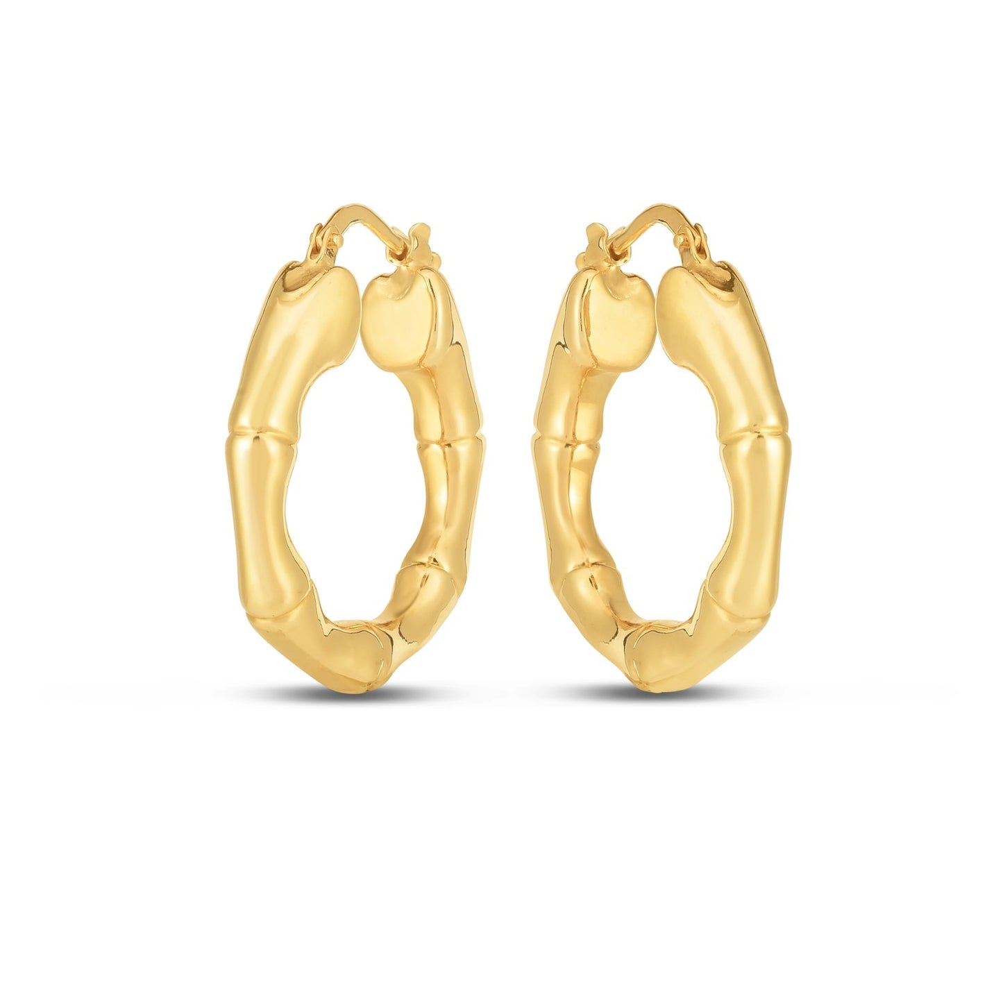 14k Yellow Gold Medium Bamboo Hoop Earrings-Teresa&#39;s Fashionista LLC