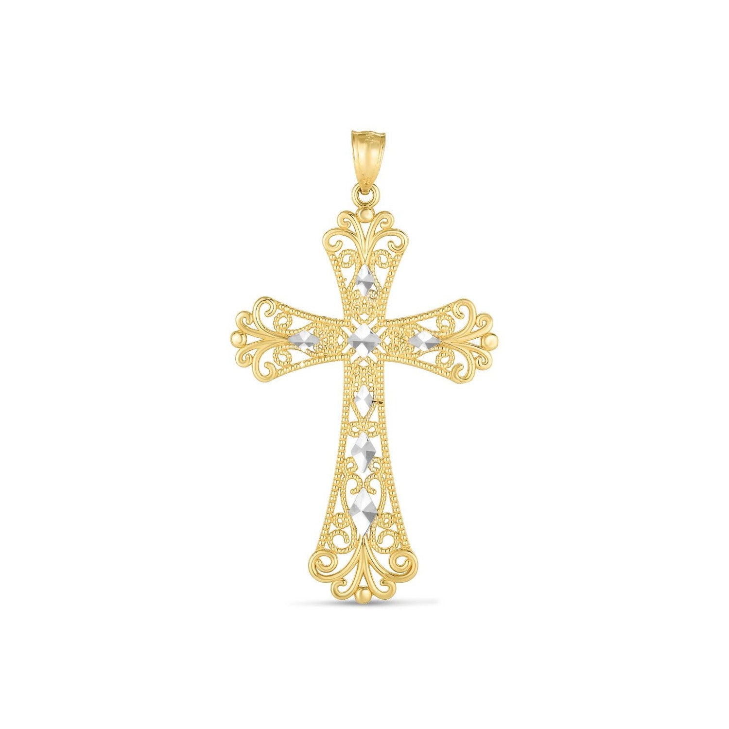 14k Two Tone Gold High Polish Diamond Cut Cross Pendant-Teresa&#39;s Fashionista LLC