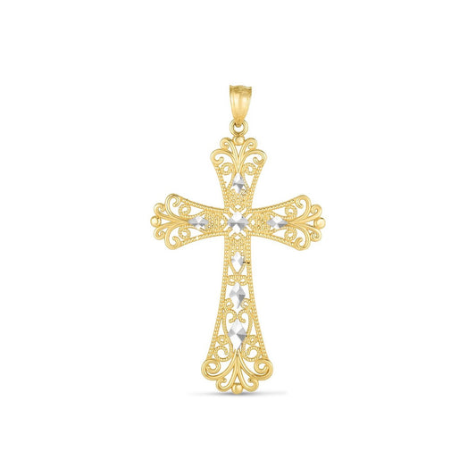 14k Two Tone Gold High Polish Diamond Cut Cross Pendant-Teresa&#39;s Fashionista LLC