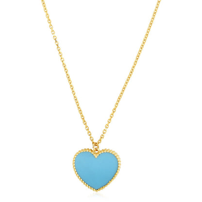 14k Yellow Gold High Polish Heart Turquoise Paste Necklace-Teresa&#39;s Fashionista LLC