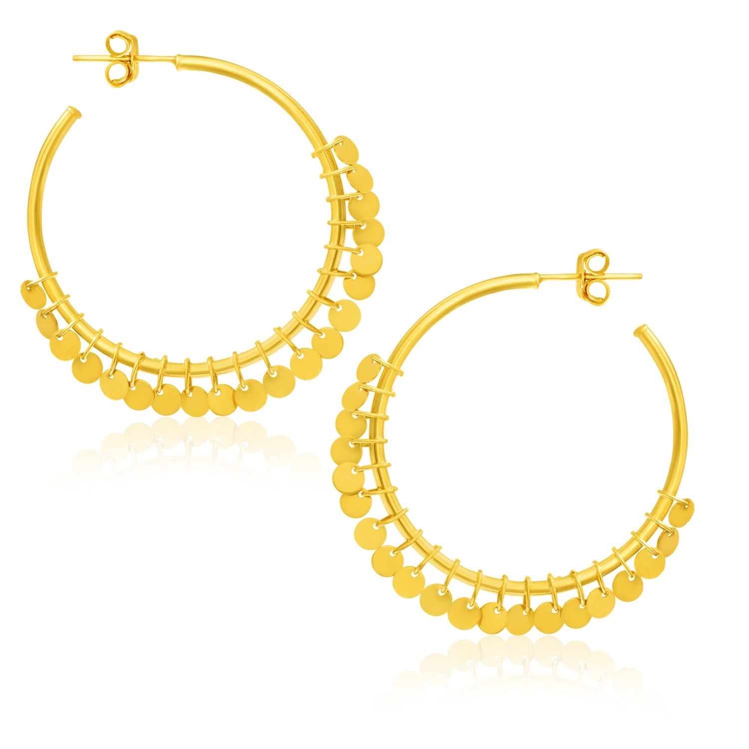 14k Yellow Gold Hoop Style Earrings with Dangling Sequins(1.5x30mm)-Teresa&#39;s Fashionista LLC