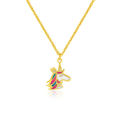 14k Yellow Gold Childrens Necklace with Enameled Unicorn Pendant-Teresa&#39;s Fashionista LLC