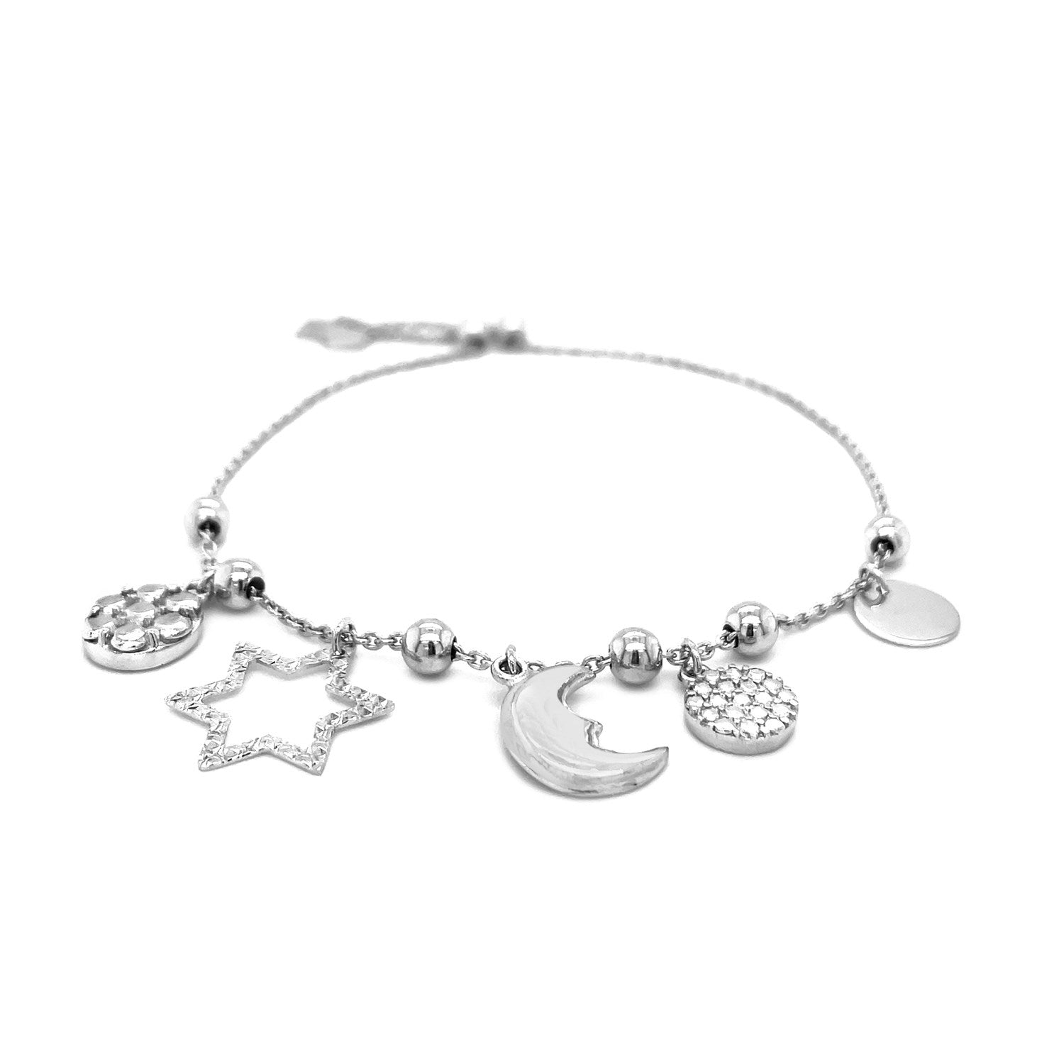 Adjustable Bead Bracelet with Celestial Charms in Sterling Silver-Teresa&#39;s Fashionista LLC