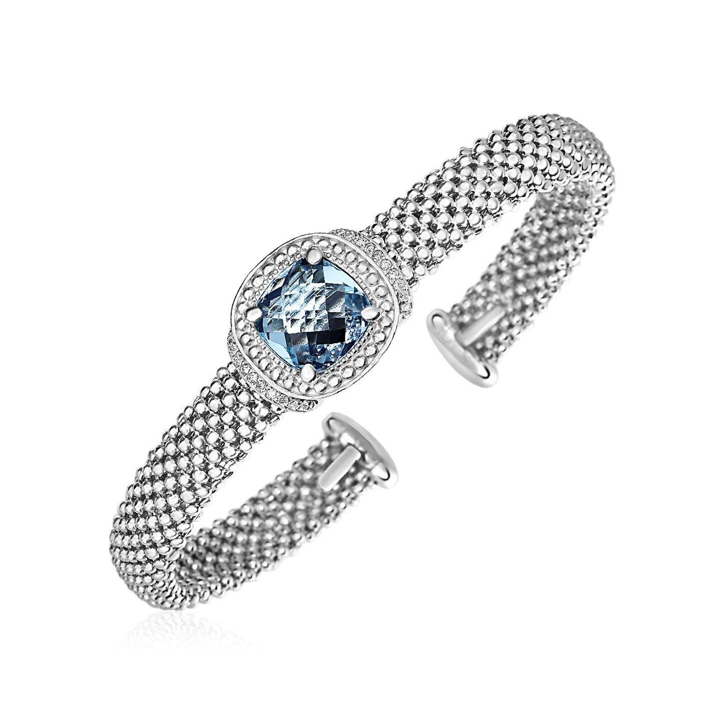 Popcorn Texture Cuff Bangle with Blue Topaz and Diamonds in Sterling Silver (8.00 mm)-Teresa&#39;s Fashionista LLC