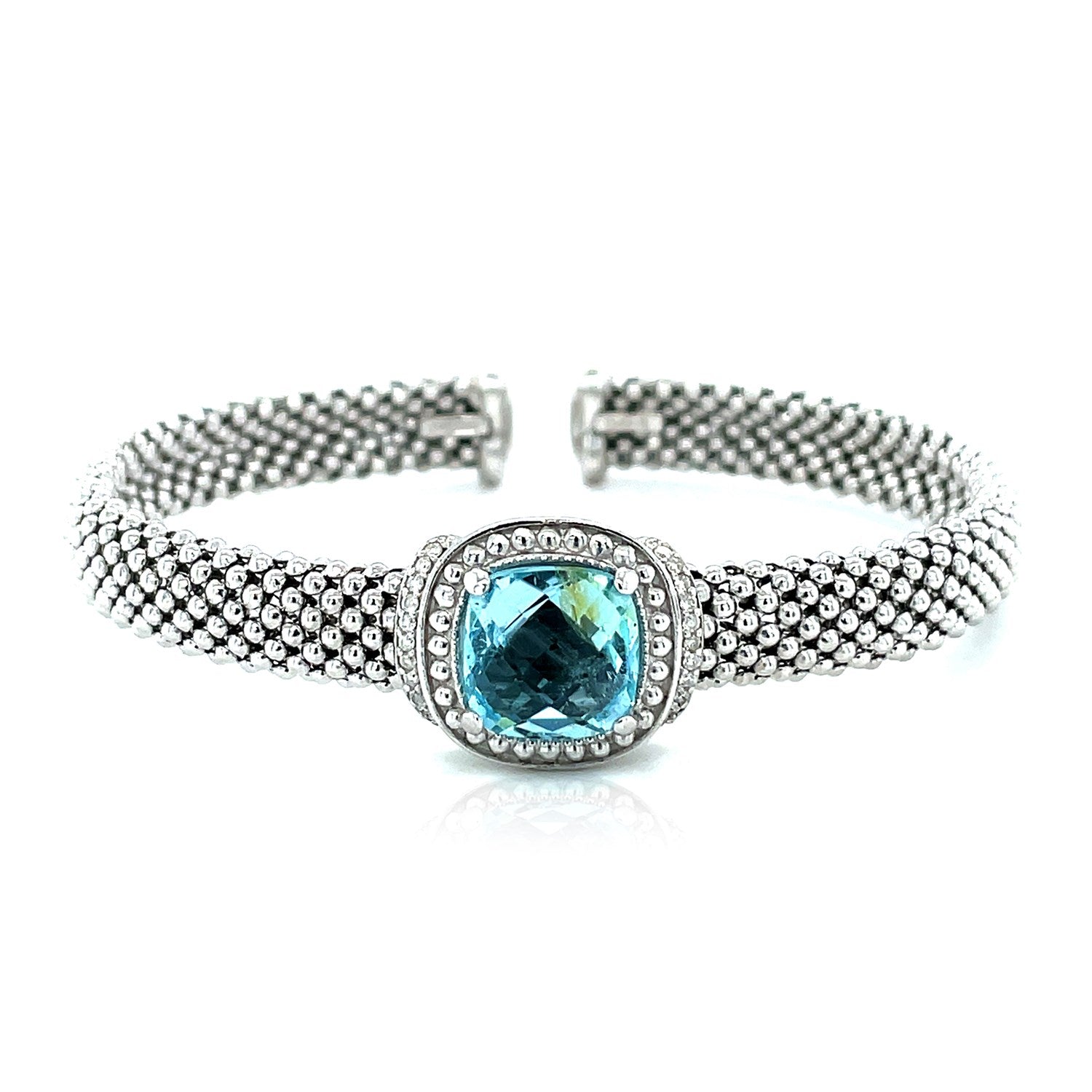 Popcorn Texture Cuff Bangle with Blue Topaz and Diamonds in Sterling Silver (8.00 mm)-Teresa&#39;s Fashionista LLC